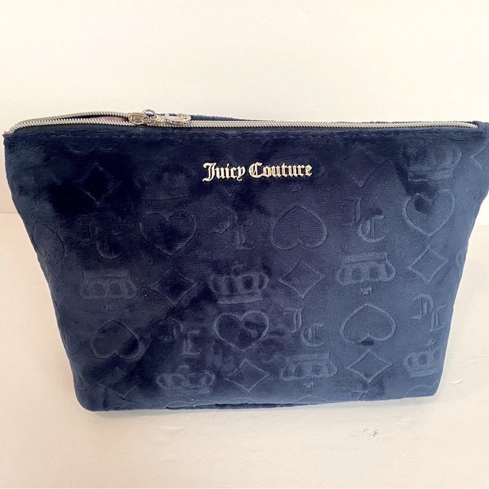 NWOT Juicy Couture Navy Blue Velour Makeup Bag With a Toiletry Bottle